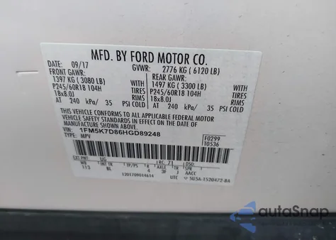 2017 Ford Explorer Xlt из США, поврежденный, VIN 1FM5K7D86HGD89248